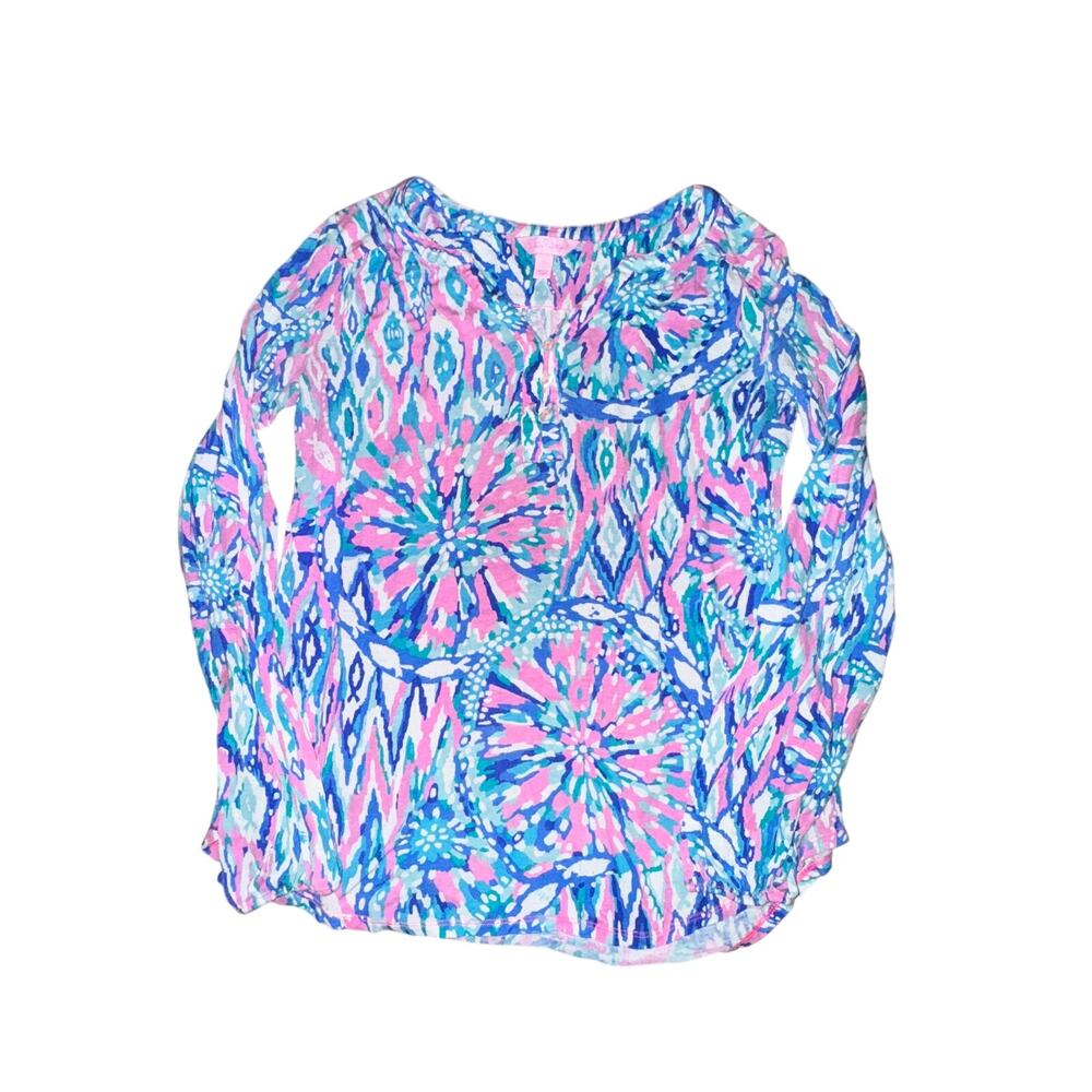 Lilly Pulitzer Lilias Tunic Top Womens Sz XS Tiki Pink Shake It Up Blouse V Neck